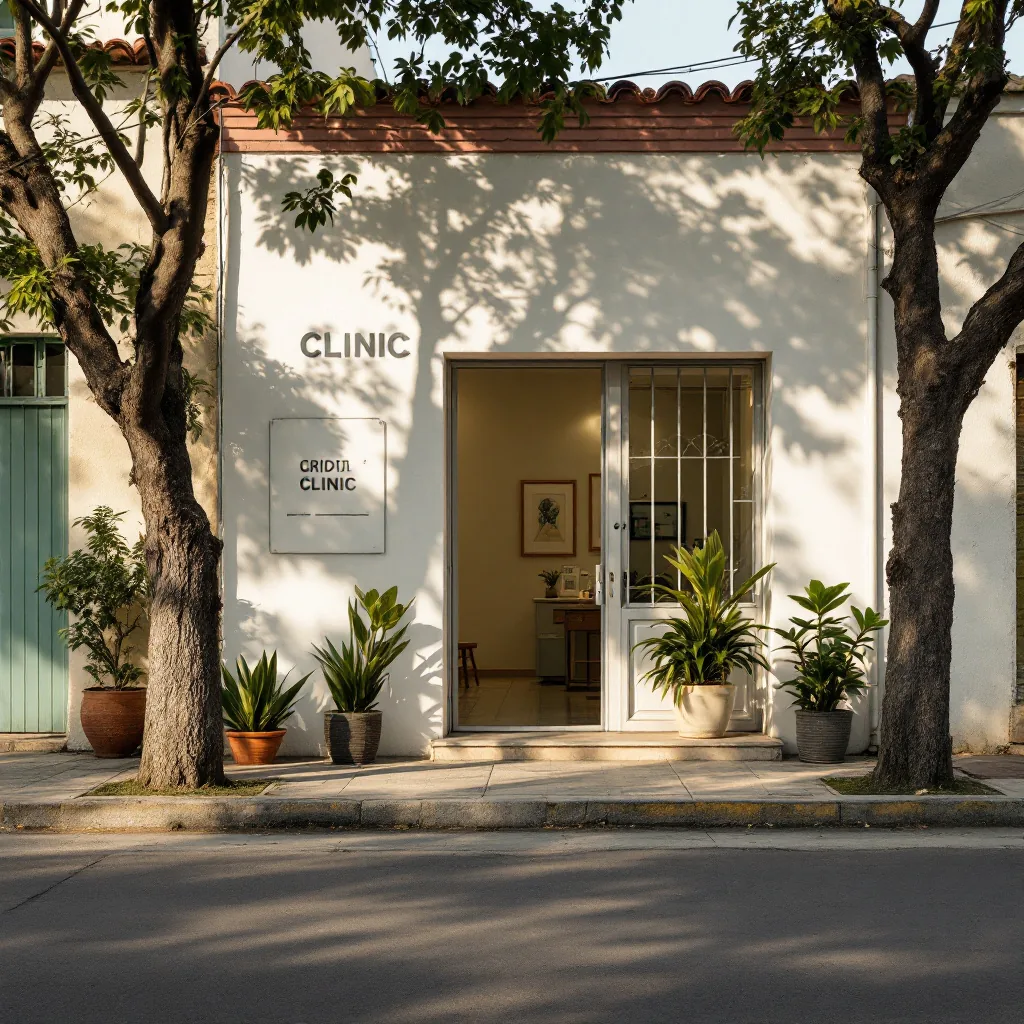 Puerta de entrada de un consultorio en una calle arbolada de la colonia Americana