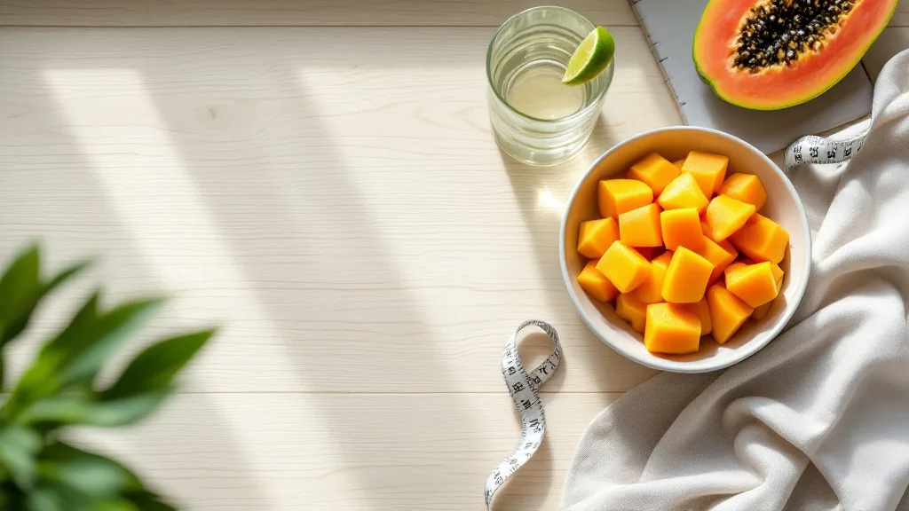 Mesa de consulta con fruta fresca, una báscula y una libreta