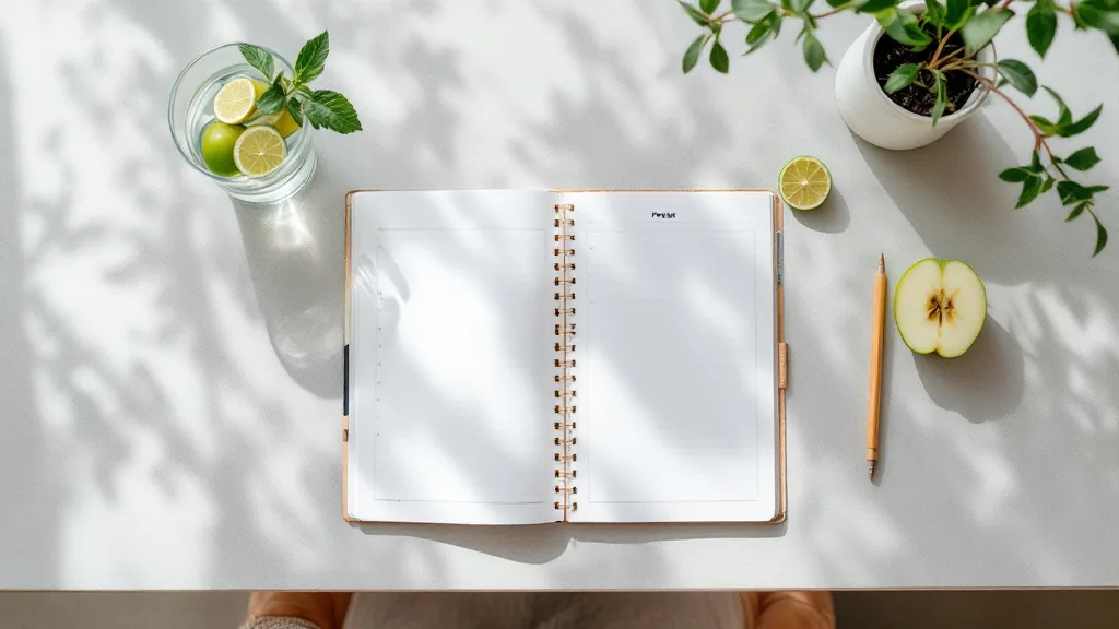 Agenda abierta junto a un vaso de agua y fruta fresca