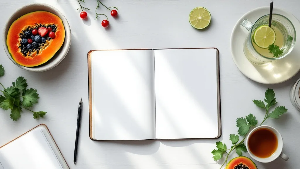 Mesa de consultorio con libreta, fruta fresca y una taza de té