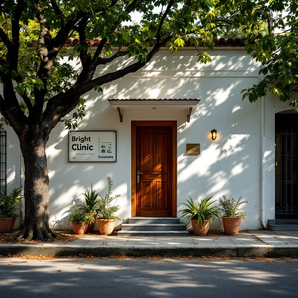 Puerta y fachada de un consultorio en una calle arbolada de la colonia Americana