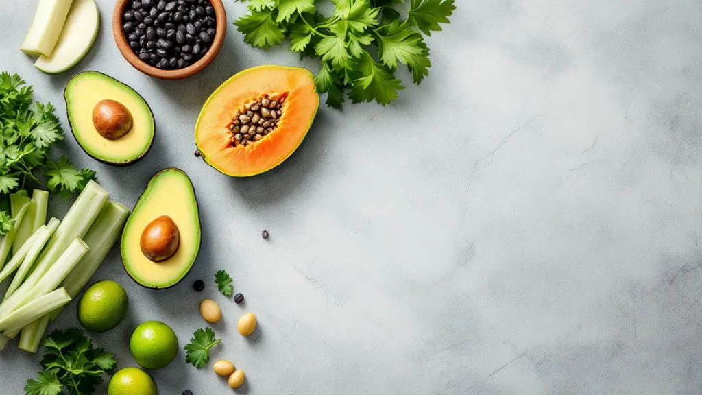Frutas, verduras y semillas frescas sobre una mesa