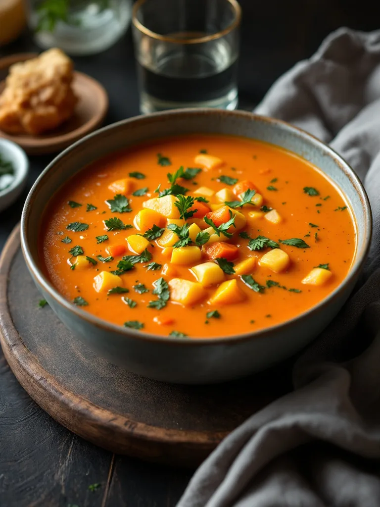 Sopa de verduras en una mesa de madera