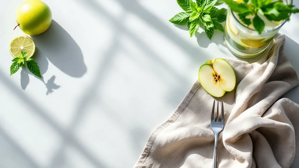 Mesa clara con manzana, agua y menta